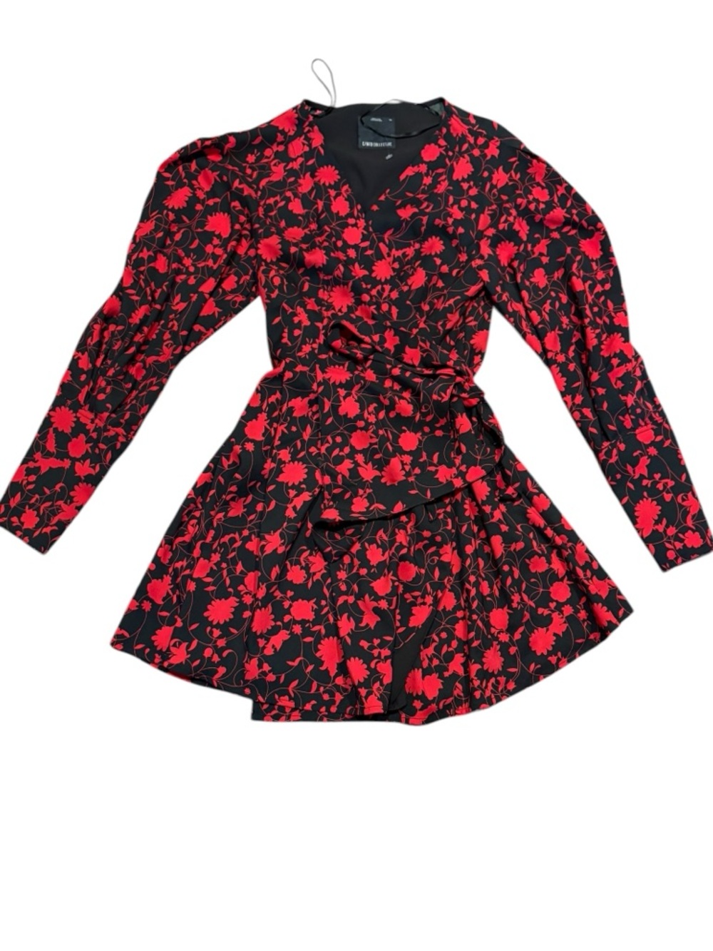 C/meo collective black and red floral wrap around flared mini dress xs